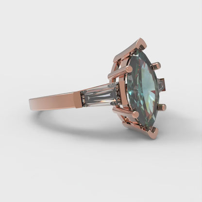 2 cttw Blue Moissanite Three-Stone Engagement Ring - Solid Gold (Marquise Cut,11x5.5mm)