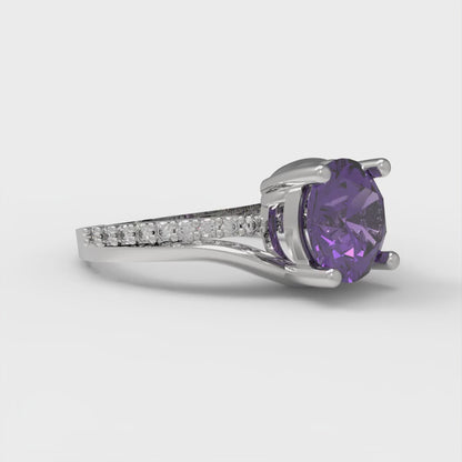 1.71 cttw Natural Amethyst Solitaire with Zirconia Simulated Diamond Accents Engagement Ring - Solid White Gold (VVS1, Round Cut,7.5mm)