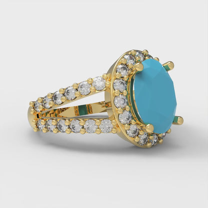 2.6 cttw Simulated Turquoise Hidden Halo Engagement Ring - Solid Gold (Oval Cut,9x7mm)