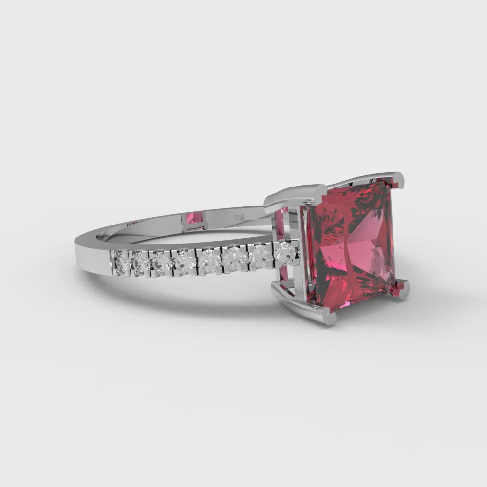 1.62 cttw Simulated Pink Tourmaline Solitaire with Zirconia Simulated Diamond Accents Engagement Ring - Solid Gold (Princess Cut,6.5mm)
