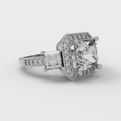 3.005 cttw White Sapphire Three-Stone Engagement Ring - Solid White Gold (VVS1, Princess Cut,7.0mm)