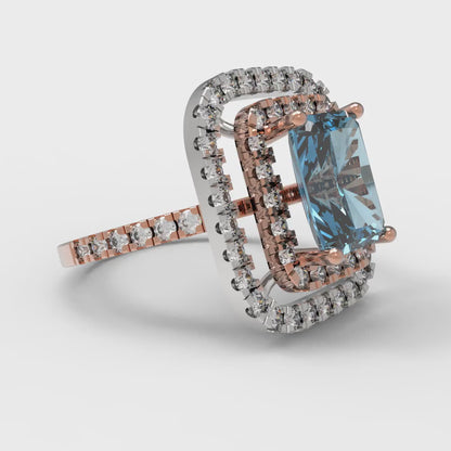2.62 cttw Zirconia Simulated Blue Diamond Hidden Halo Engagement Ring - Solid Rose/White Gold (VVS1, Emerald Cut,8X6.0mm)