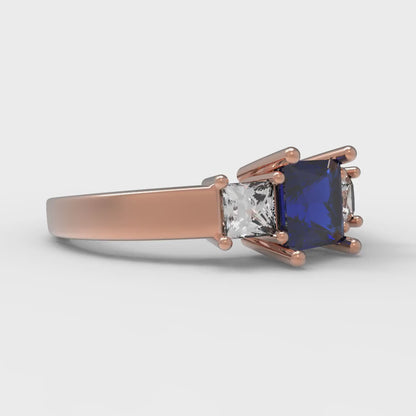 1.11 cttw Simulated Blue Sapphire Three-Stone Engagement Ring - Solid Rose Gold (VVS1, Princess Cut,5.0mm)