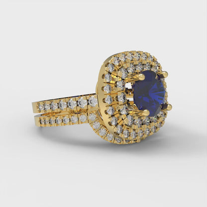 1.7825 cttw Round Cut Simulated Blue Sapphire Bridal Set - Solid Yellow Gold Engagement Ring & Wedding Band