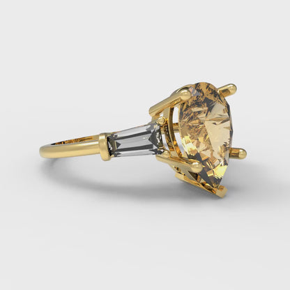 2.5 cttw Zirconia Simulated Champagne Diamond Three-Stone Engagement Ring - Solid Gold (VVS1, Pear Cut,10x7mm)