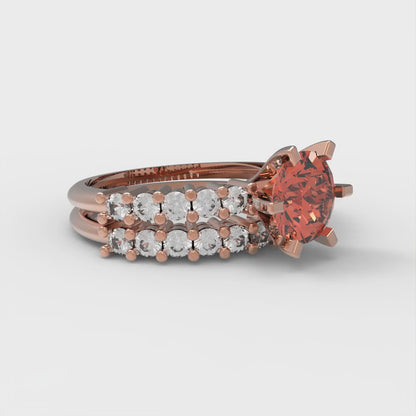 1.66 cttw Round Cut Simulated Red Diamond Bridal Set - Solid Rose Gold Engagement Ring & Wedding Band