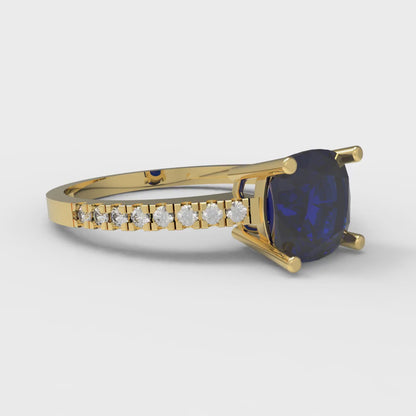 2.7 cttw Simulated Blue Sapphire Solitaire with Zirconia Simulated Diamond Accents Engagement Ring - Solid Gold (Cushion Cut,6.5mm)