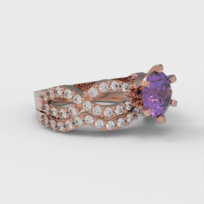 1.57 cttw Round Cut Simulated Alexandrite Bridal Set - Solid Rose Gold Engagement Ring & Wedding Band