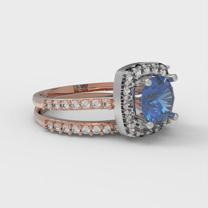 1.495 cttw Round Cut Simulated Tanzanite Bridal Set - Solid Rose/White Gold Engagement Ring & Wedding Band