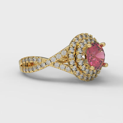 1.3125 cttw Simulated Pink Tourmaline Hidden Halo Engagement Ring - Solid Gold (Round Cut,6mm)
