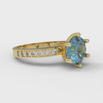 1.71 cttw Natural Swiss Blue Topaz Solitaire with Zirconia Simulated Diamond Accents Engagement Ring - Solid Gold (Round Cut,7.5mm)