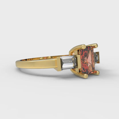 0.8 cttw Zirconia Simulated Red Diamond Three-Stone Engagement Ring - Solid Yellow Gold (VVS1, Emerald Cut,6x4mm)