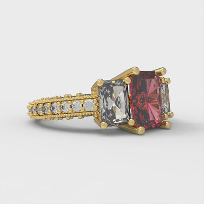 3.61 cttw Simulated Pink Tourmaline Three-Stone Engagement Ring - Solid Yellow Gold (VVS1, Emerald Cut,8x6mm)