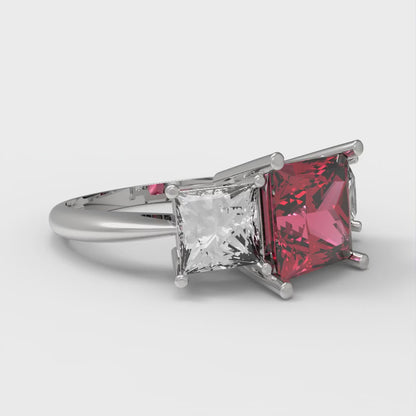 2.5 cttw Simulated Pink Tourmaline Three-Stone Engagement Ring - Solid White Gold  (VVS1, Princess Cut,6.5 mm)