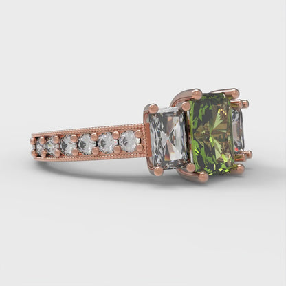 1.88 cttw Natural Peridot Three-Stone Engagement Ring - Solid Gold (Emerald Cut,7x5mm)