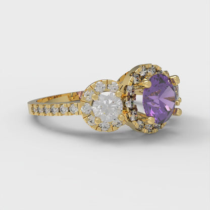 1.46 cttw Natural Amethyst Three-Stone Engagement Ring - Solid Yellow Gold (VVS1, Round Cut,6.0mm)