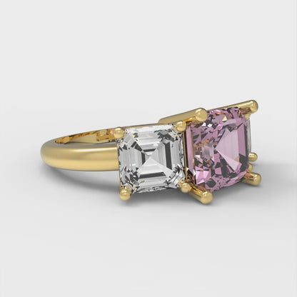 4 cttw Zirconia Simulated Pink Diamond Three-Stone Engagement Ring - Solid Gold (VVS1, Square Emerald Cut,7.0X7.0mm)