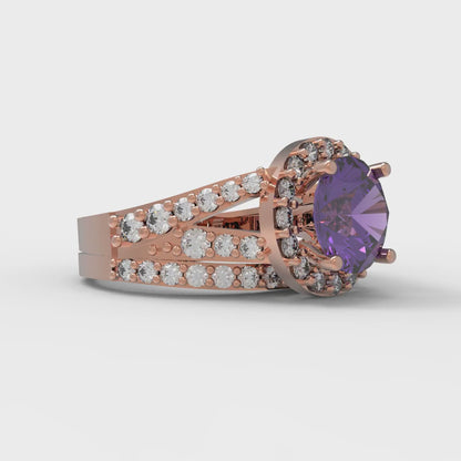 2.32 cttw Round Cut Natural Amethyst Bridal Set - Solid Rose Gold Engagement Ring & Wedding Band