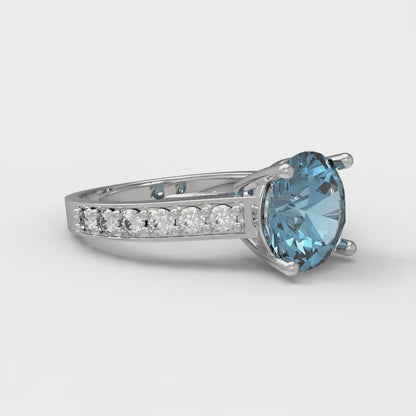 2.3 cttw Natural Swiss Blue Topaz Solitaire with Zirconia Simulated Diamond Accents Engagement Ring - Solid Gold (Round Cut,8.0mm)