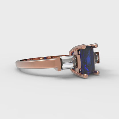 0.8 cttw Simulated Blue Sapphire Three-Stone Engagement Ring - Solid Gold (Emerald Cut,6x4mm)