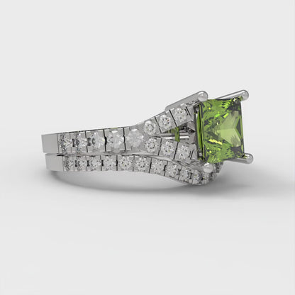 3.4 cttw Princess Cut Natural Peridot Bridal Set - Solid White Gold Engagement Ring & Wedding Band