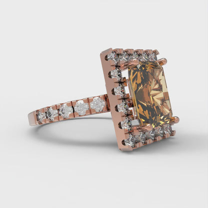 3.84 cttw Zirconia Simulated Champagne Diamond Solitaire with Zirconia Simulated Diamond Accents Engagement Ring - Solid Rose Gold (VVS1, Emerald Cut,9x7mm)