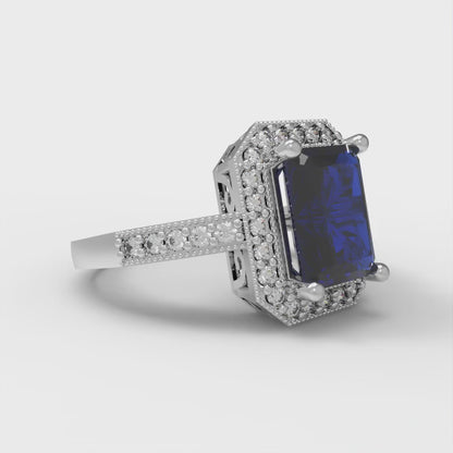 2.78 cttw Simulated Blue Sapphire Hidden Halo Engagement Ring - Solid Gold (Emerald Cut,8.5x6.5mm)