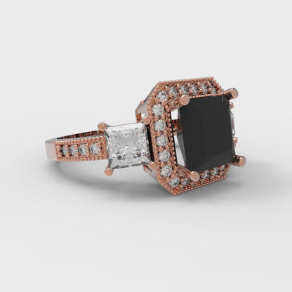 3.005 cttw Natural Onyx Three-Stone Engagement Ring - Solid Rose Gold (VVS1, Princess Cut,7.0mm)
