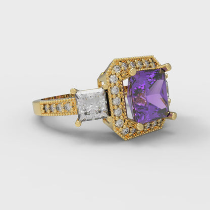 3.005 cttw Simulated Alexandrite Three-Stone Engagement Ring - Solid Gold (Princess Cut,7.0mm)