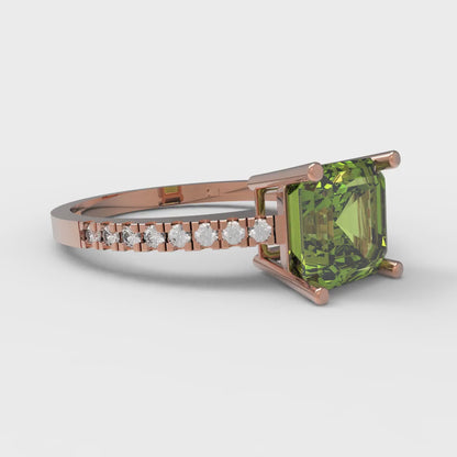 2.7 cttw Natural Peridot Solitaire with Zirconia Simulated Diamond Accents Engagement Ring - Solid Gold (Asscher Cut,6.5mm)