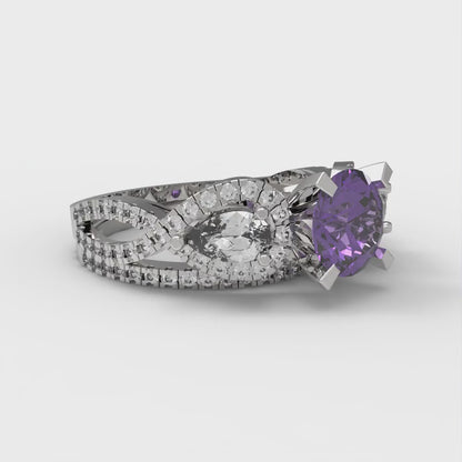 1.925 cttw Round Cut Natural Amethyst Bridal Set - Solid White Gold Engagement Ring & Wedding Band
