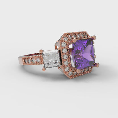 3.005 cttw Simulated Alexandrite Three-Stone Engagement Ring - Solid Rose Gold (VVS1, Princess Cut,7.0mm)