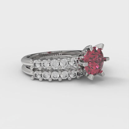1.66 cttw Round Cut Simulated Ruby Bridal Set - Solid White Gold Engagement Ring & Wedding Band