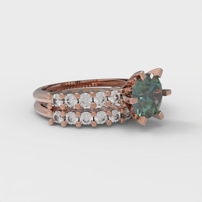 1.66 cttw Round Cut Blue Moissanite Bridal Set - Solid Rose Gold Engagement Ring & Wedding Band