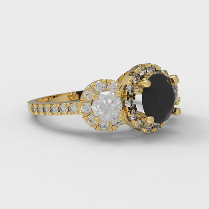 1.46 cttw Natural Onyx Three-Stone Engagement Ring - Solid Yellow Gold (VVS1, Round Cut,6.0mm)