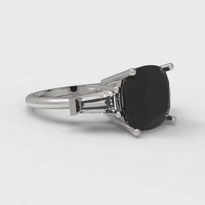 3 cttw Natural Onyx Three-Stone Engagement Ring - Solid White Gold (VVS1, Cushion Cut,8.0mm)