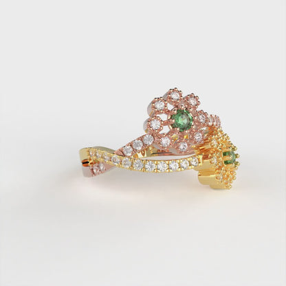0.48 cttw Simulated Emerald Hidden Halo Engagement Ring - Solid Yellow/Rose Gold (VVS1, Round Cut,2.5mm)
