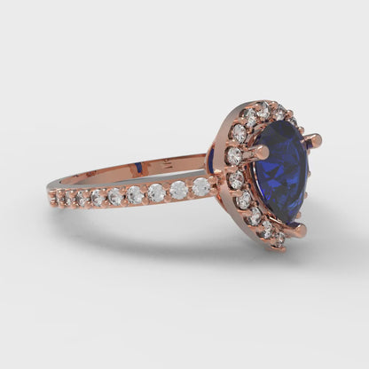 0.755 cttw Simulated Blue Sapphire Hidden Halo Engagement Ring - Solid Gold (Pear Cut,7x5mm )