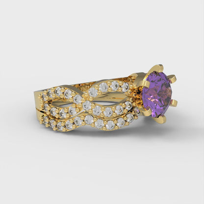1.57 cttw Round Cut Simulated Alexandrite Bridal Set - Solid Yellow Gold  Engagement Ring & Wedding Band