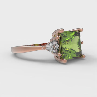 2.32 cttw Natural Peridot Three-Stone Engagement Ring - Solid Rose Gold (VVS1, Princess Cut,7.0mm)