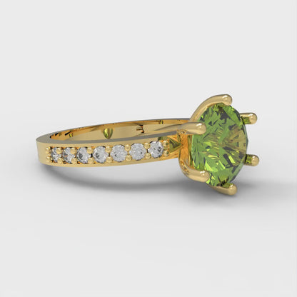1.71 cttw Natural Peridot Solitaire with Zirconia Simulated Diamond Accents Engagement Ring - Solid Gold (Round Cut,7.5mm)