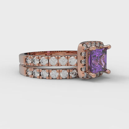 1.56 cttw Princess Cut Simulated Alexandrite Bridal Set - Solid Rose Gold Engagement Ring & Wedding Band