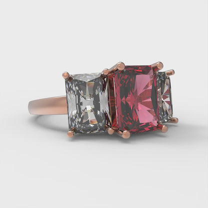 4 cttw Simulated Ruby Three-Stone Engagement Ring - Solid Rose Gold (VVS1, Emerald Cut,8x6mm)