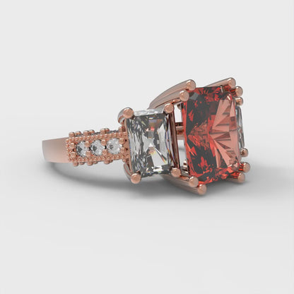 4.27 cttw Zirconia Simulated Red Diamond Three-Stone Engagement Ring - Solid Gold (VVS1, Emerald Cut,9x7mm)