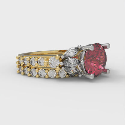 2.94 cttw Round Cut Simulated Ruby Bridal Set - Solid Yellow/White Gold Engagement Ring & Wedding Band