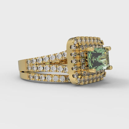 3.05 cttw Emerald Cut Simulated Green Diamond Bridal Set - Solid Yellow Gold Engagement Ring & Wedding Band