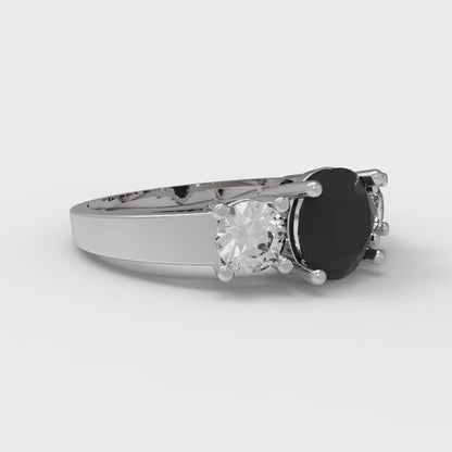 1.5 cttw Natural Onyx Three-Stone Engagement Ring - Solid White Gold (VVS1, Round Cut,6.5mm)