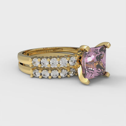 2.63 cttw Princess Cut Simulated Pink Diamond Bridal Set - Solid Yellow Gold Engagement Ring & Wedding Band