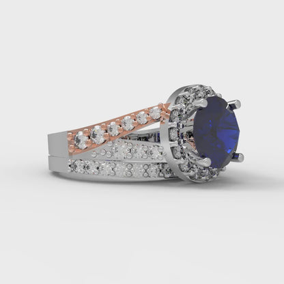 2.32 cttw Round Cut Simulated Blue Sapphire Bridal Set - Solid White/Rose Gold Engagement Ring & Wedding Band
