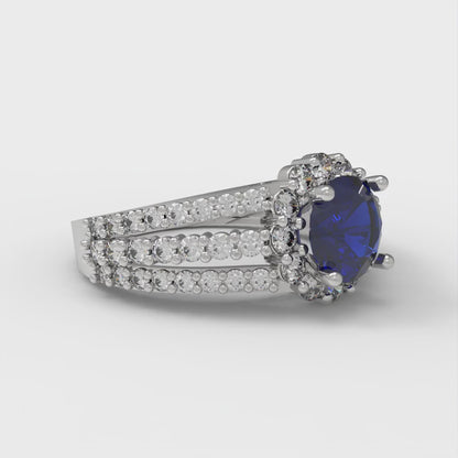 1.83 cttw Simulated Blue Sapphire Hidden Halo Engagement Ring - Solid Gold (Round Cut,6.5mm)